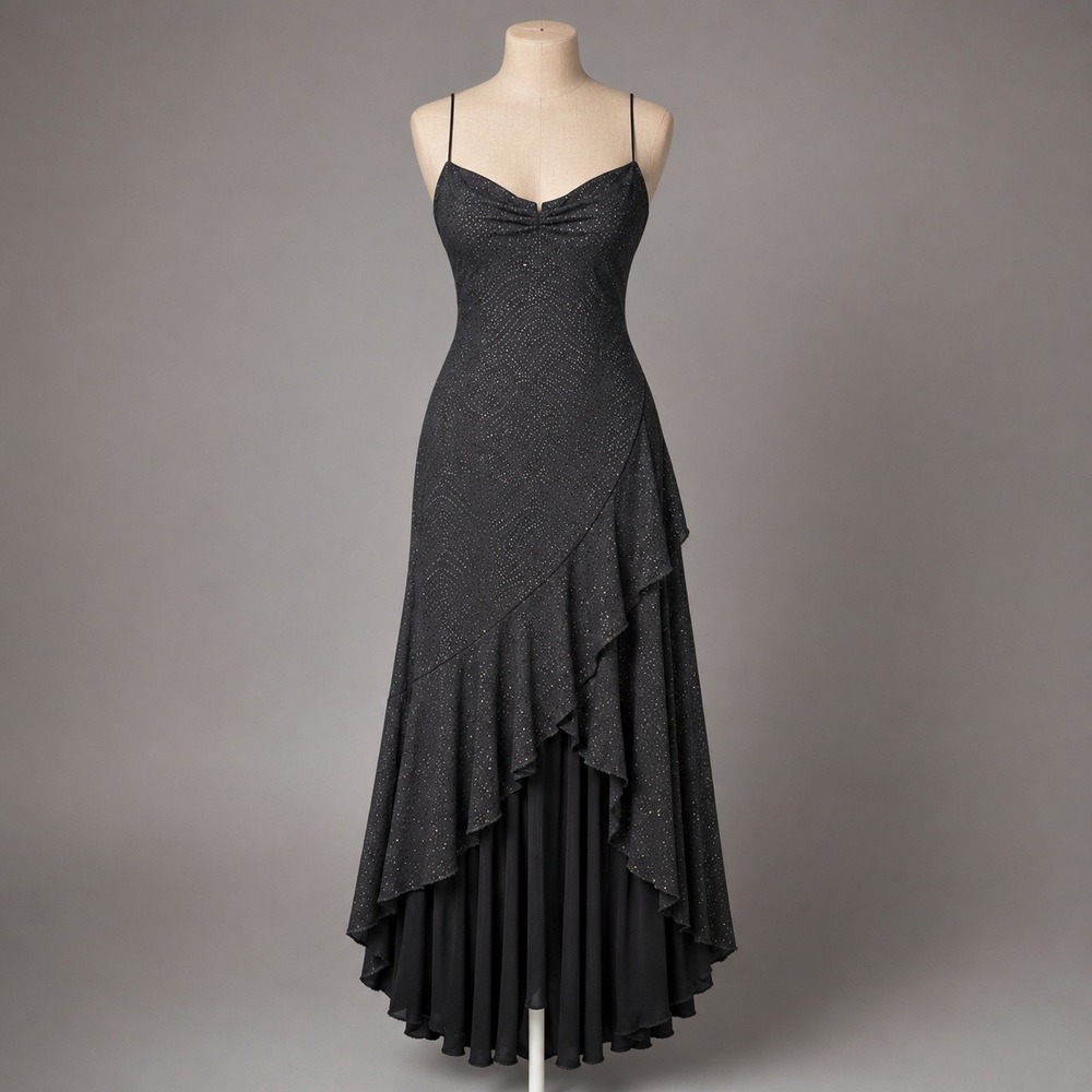 Vintage Y2K Asymmetrical Hem Glitter Maxi Dress Size L Black Babydoll Whimsigoth